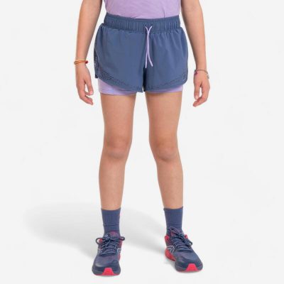 Pantalón corto mallas running transpirable Niña – KIPRUN DRY+ 2 en 1 tejano y malva