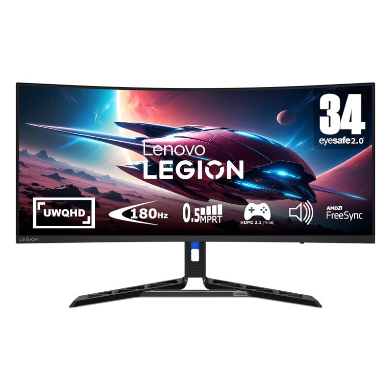 LENOVO – Monitor PC Gaming curvo 86cm (34″) Lenovo Legion R34w-30, 180 Hz, UWQHD, Altavoces incorporados.